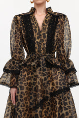 Uhren V-Neck Long Sleeve Falbala Lace Woven Leopard Print Mini Dress