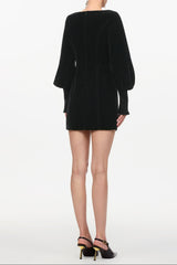tina Cinched Waist Square Neck Long Sleeve Velvet Mini Dress in black