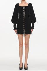 tina Cinched Waist Square Neck Long Sleeve Velvet Mini Dress in black