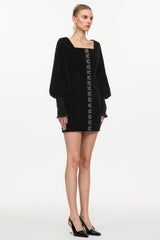 tina Cinched Waist Square Neck Long Sleeve Velvet Mini Dress in black