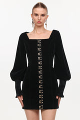 tina Cinched Waist Square Neck Long Sleeve Velvet Mini Dress in black