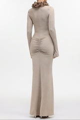 rachel Contour Long Sleeve Ruffle Knit Maxi Dress in pale brown