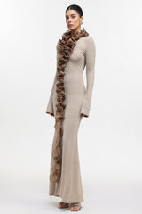 rachel Contour Long Sleeve Ruffle Knit Maxi Dress in pale brown