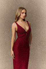 olivia Burgundy Beaded Plunging V‑Neck Maxi Dress