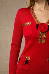 ella v-neck Red Sequin Trim Knit Mini Dress