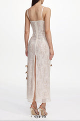 verna champagne Embellished Sleeveless Petal Sequin Lace Knit Maxi Dress