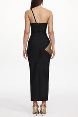 Roanna One Shoulder Sleeveless Golden Tassels Bandage Maxi Dress