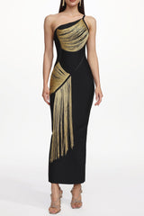 Roanna One Shoulder Sleeveless Golden Tassels Bandage Maxi Dress
