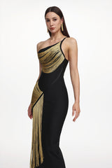 Roanna One Shoulder Sleeveless Golden Tassels Bandage Maxi Dress