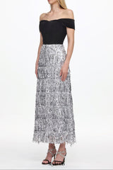 Merrit Off Shoulder Fringe Velvet Maxi Dress