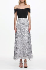 Merrit Off Shoulder Fringe Velvet Maxi Dress