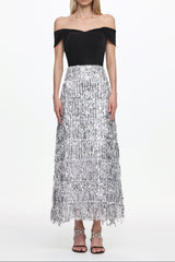 Merrit Off Shoulder Fringe Velvet Maxi Dress