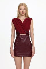 Ferina V Neck Ruched Faux Leather Mini Dress