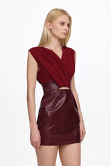 Ferina V Neck Ruched Faux Leather Mini Dress