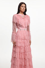 Emmi Long Sleeve Falbala Rhinestone Lace Pink Maxi Dress