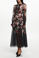 Glenda Black Long Sleeve Printed Woven Maxi Dress