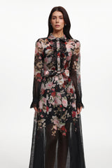Glenda Black Long Sleeve Printed Woven Maxi Dress