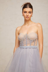 madeline grey embellished puff tulle mini dress