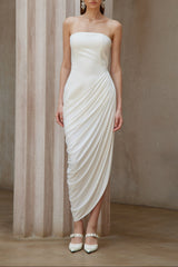 Wanda White Strapless Ruched Asymmetrical Midi Dress