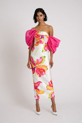 sylvia floral print strapless maxi dress in white