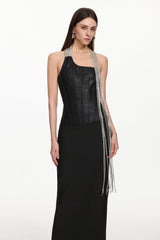 Fero One Shoulder Metal Fringe Bandage Maxi Dress