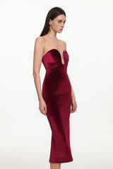 Yamia Romantic Contour Strapless Ruched Velvet Midi Dress