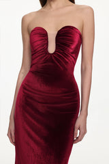 Yamia Romantic Contour Strapless Ruched Velvet Midi Dress