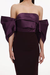Sareka Off Shoulder Pleated Satin Maxi Dress