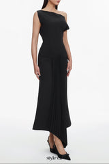 Juny Oblique Shoulder Sleeveless Folds Midi Dress