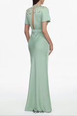 Lacey Short Sleeve Crystal Embellished Satin Maxi Dress