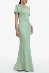 Lacey Short Sleeve Crystal Embellished Satin Maxi Dress