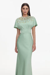 Lacey Short Sleeve Crystal Embellished Satin Maxi Dress