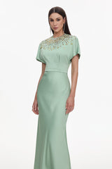 Lacey Short Sleeve Crystal Embellished Satin Maxi Dress