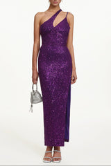 Julieta Sleeveless Asymmetric Sequin Maxi Dress