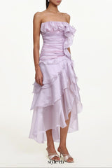 Jellay Strapless Asymmetric Ruffle High Slit Maxi Dress