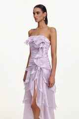 Jellay Strapless Asymmetric Ruffle High Slit Maxi Dress