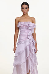 Jellay Strapless Asymmetric Ruffle High Slit Maxi Dress