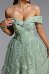Mensa green Off Shoulder Butterfly Maxi Dress