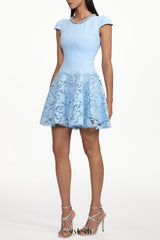 Eirene Round Neck Short Sleeve Rhinestone Floral Lace Mini Dress