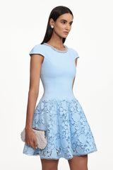 Eirene Round Neck Short Sleeve Rhinestone Floral Lace Mini Dress
