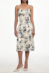 hilary Cinched Waist Sleeveless Ruffle Floral Print Woven Midi Dress
