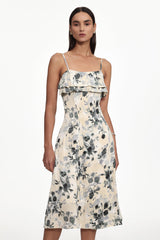 hilary Cinched Waist Sleeveless Ruffle Floral Print Woven Midi Dress