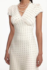 lorraine Cinched Waist V Neck Short Sleeve Polka Dot Lace Woven Maxi Dress