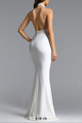 Fahrenheit white Halter Ruched Lace Maxi Dress