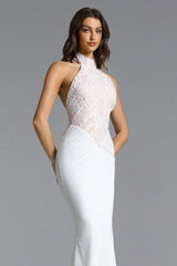 Fahrenheit white Halter Ruched Lace Maxi Dress