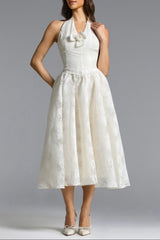 Delaney White Halter Floral Jacquard Midi Dress