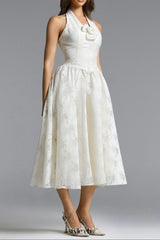 Delaney White Halter Floral Jacquard Midi Dress
