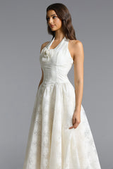 Delaney White Halter Floral Jacquard Midi Dress