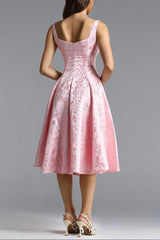 Lisbon pink Square Neck Jacquard Satin Midi Dress