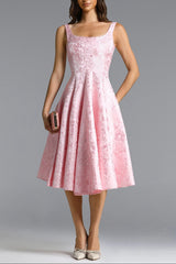 Lisbon pink Square Neck Jacquard Satin Midi Dress